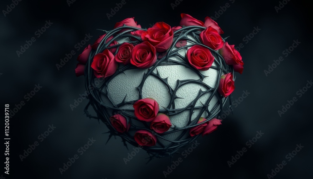 Valentine's dark heart. A heart-shaped object wrapped in thorns with red roses, set against a dark background, evokes a sense of painful love.