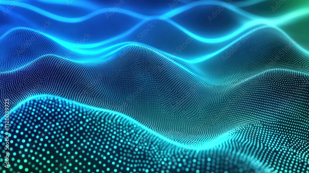 Naklejka premium Mesmerizing abstract wave pattern created by glowing particles captures background the essence of digital cyberspace, offering a captivating visual experience