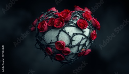 Obraz na płótnie Valentine's dark heart. A heart-shaped object wrapped in thorns with red roses, set against a dark background, evokes a sense of painful love. w salonie