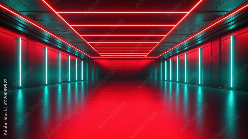 Fototapeta premium A digital space featuring vibrant red and teal neon lights, creating a futuristic and immersive atmosphere with reflective surfaces.