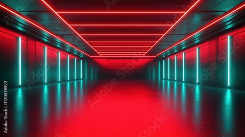 A digital space featuring vibrant red and teal neon lights, creating a futuristic and immersive atmosphere with reflective surfaces.