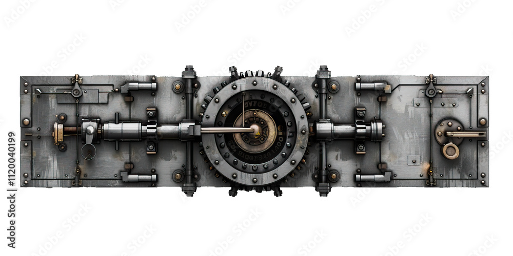 Bank vault door with a large, secure locking mechanism, for a symbol of security and wealth, isolated on transparent background PNG