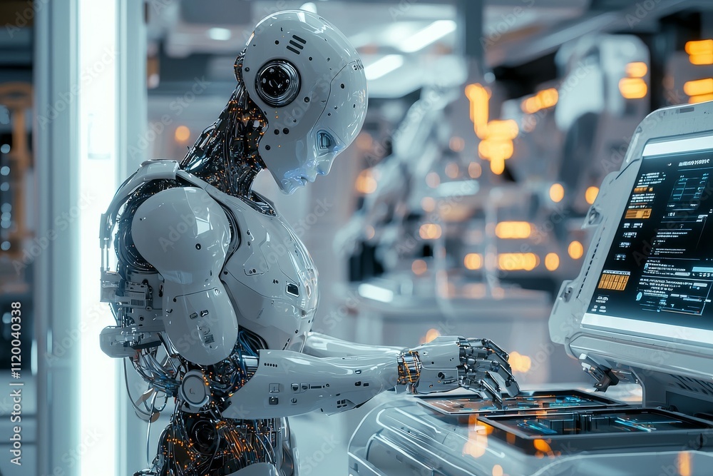 Fototapeta premium Create a highly detailed, futuristic laboratory setting with a focus on a humanoid robot working at a high-tech workstation
