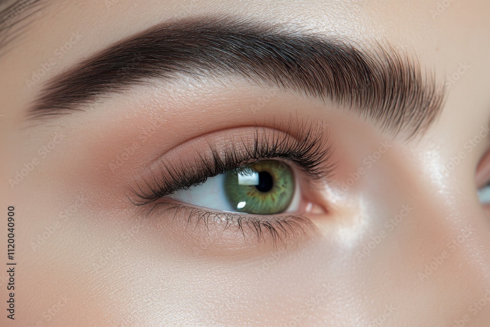 Obraz premium Close-Up Portrait of Young Woman's Beautiful Eye, Perfect Smooth Skin, Perfectly Shaped Eyebrow and Luscious Long Lashes. Beauty Products, Cosmetics, Make-Up. Advertisement of Eco Treatment, Skin Care