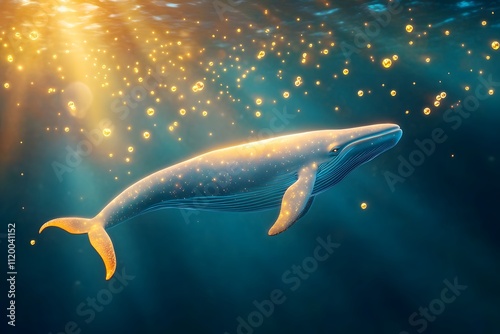 A glowing blue whale with golden light is swimming in the deep sea surrounded by tiny bubbles and lights floating around it photo