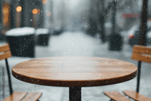 Empty cafe table with falling snow creates cozy winter scene photo