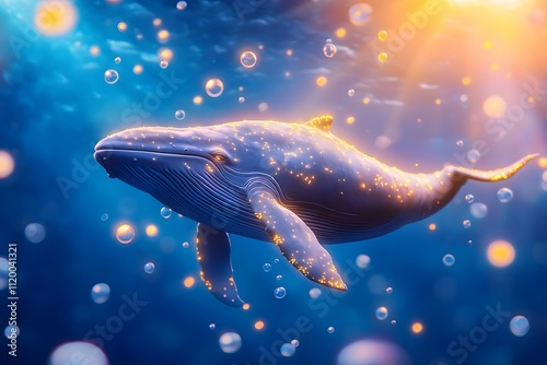 A glowing blue whale with golden light is swimming in the deep sea surrounded by tiny bubbles and lights floating around it photo