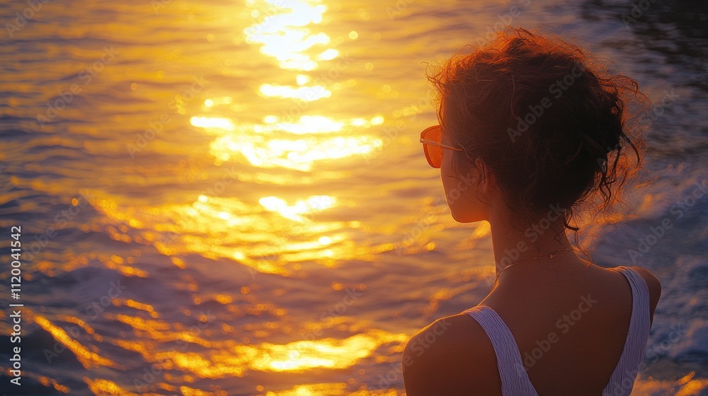 Fototapeta premium A woman with curly hair and sunglasses, wearing a white tank top, sits by the ocean and looks out at the sunset.