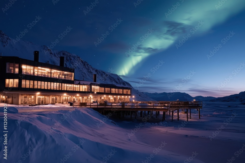 A stunning view of a modern building bathed in warm light, set against the backdrop of the colorful auroras, creating a magical winter atmosphere at night. A stunning view of a modern building bathed in warm light, set against the backdrop of the colorful auroras, creating a magical winter atmosphere at night.