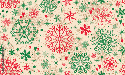 Vector seamless Christmas and New-Year hand drown pattern with red and green lace snowflakes and stars
