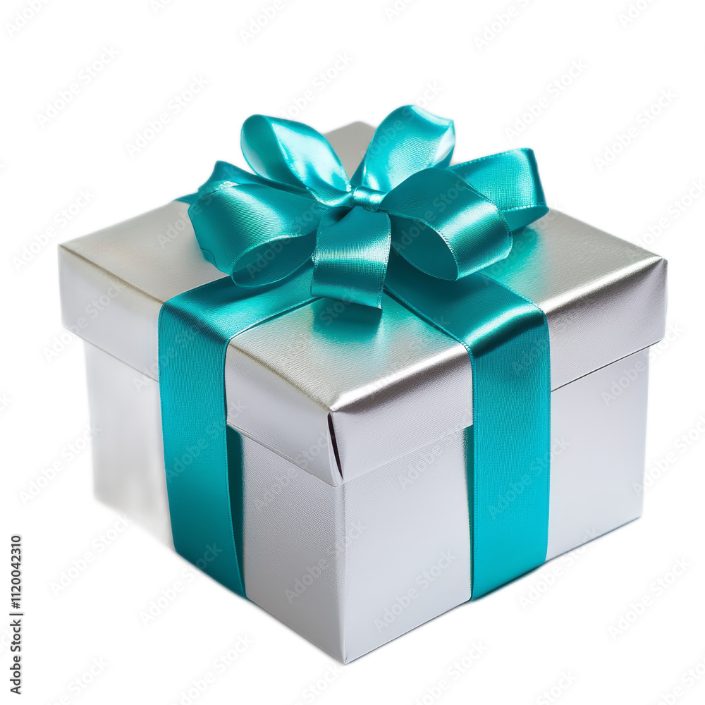 Elegant Silver Gift Box Adorned with a Turquoise Satin Ribbon, Perfect for Any Celebration or Special Occasion Elegant Silver Gift Box Adorned with a Turquoise Satin Ribbon, Perfect for Any Celebration or Special Occasion