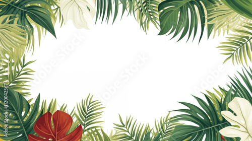 Green palm leaves frame on a white background.