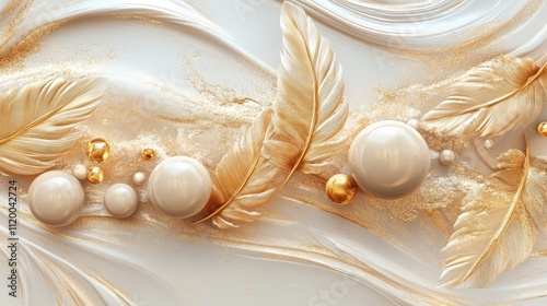 An illustration art décor wall art of golden feathers and beige marbles on a canvas of paint. Generative Ai