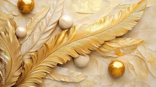 An illustration art décor wall art of golden feathers and beige marbles on a canvas of paint. Generative Ai