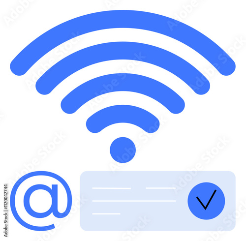 Blue wireless signal waves over an email icon with a checkmark in a confirmation box. Ideal for themes of communication, internet services, email verification, connectivity, technology support