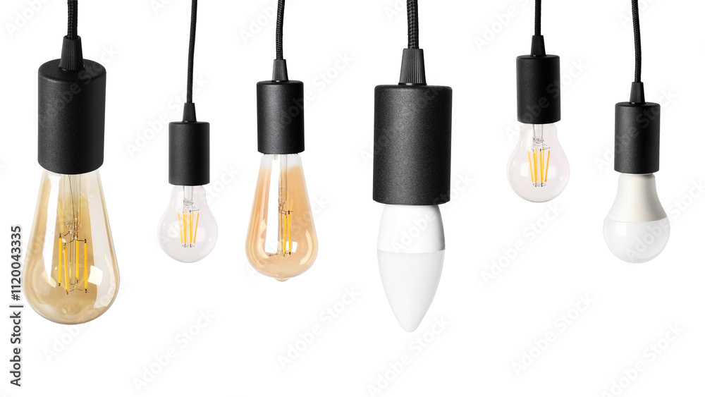 Different light bulbs hanging on white background. Banner design Different light bulbs hanging on white background. Banner design