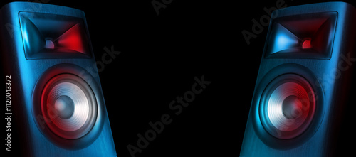 Two sound speakers on black background, banner design