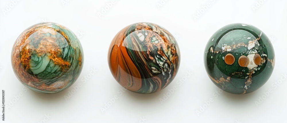 Three Green and Brown Marbles with Various Designs on White Background.