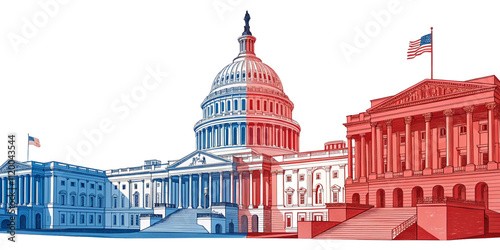 An illustration of the U.S. Capitol building in red and blue colors. Democrat and Republican