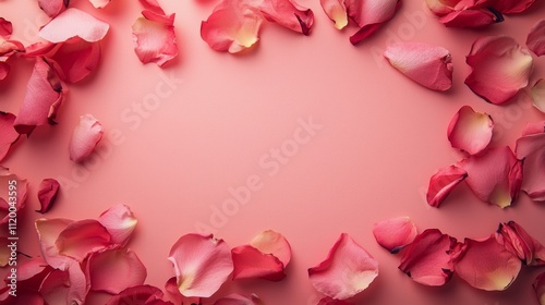 Pink rose petals scattered on pastel background