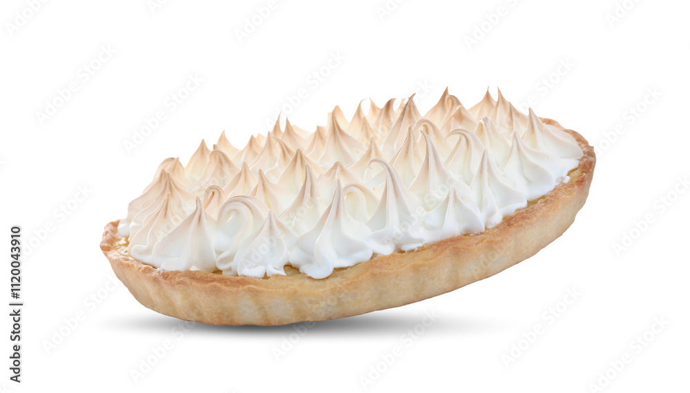 Delicious lemon meringue pie in air on white background Delicious lemon meringue pie in air on white background