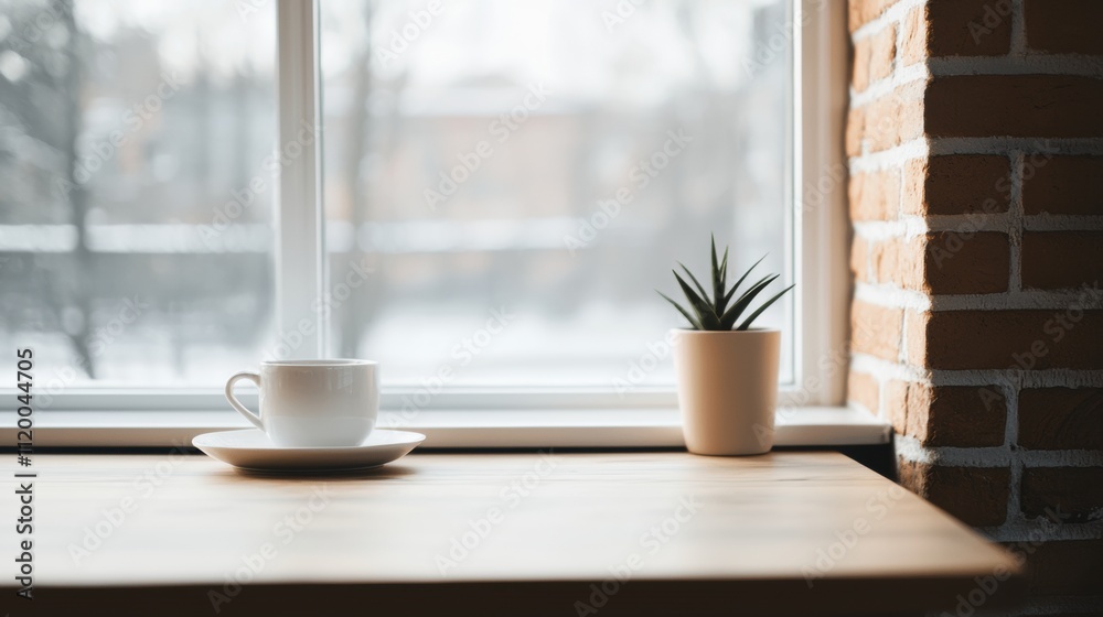 Fototapeta premium Steaming cup of coffee by the window on a cold winter day