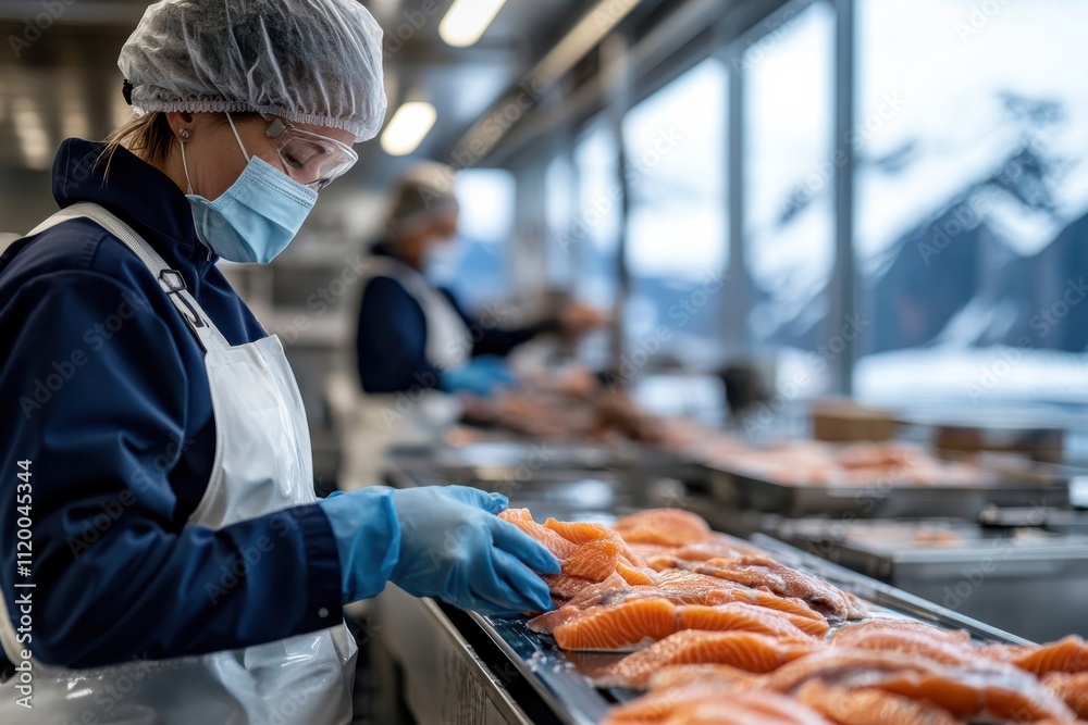 An industrious food processing worker cultivating salmon fillets in a modern seafood facility, highlighting careful handling, cleanliness, and teamwork in the kitchen. An industrious food processing worker cultivating salmon fillets in a modern seafood facility, highlighting careful handling, cleanliness, and teamwork in the kitchen.