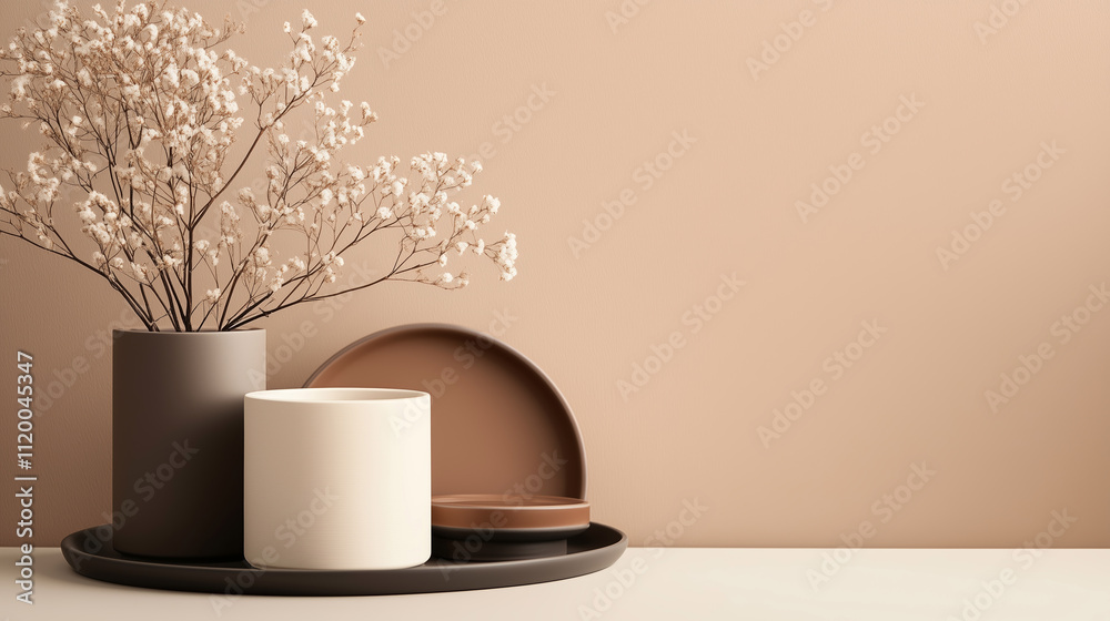 Elegant arrangement of minimalist home decor with dried flowers and neutral colors in a serene setting Elegant arrangement of minimalist home decor with dried flowers and neutral colors in a serene setting