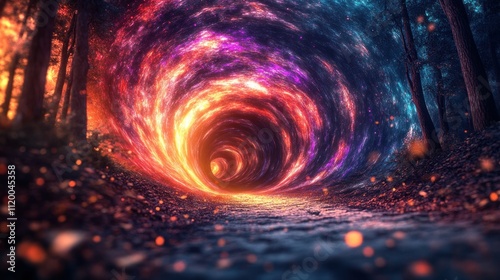 A swirling portal of fire and light in a dark forest, leading to a bright unknown.