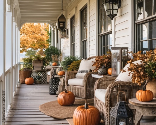 Fall Porch Decor with Pumpkins, Lanterns, and Wicker Chairs in Neutral Tones photo