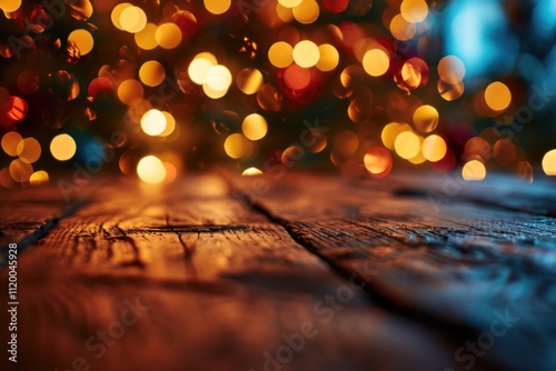 Festive Christmas Bokeh Background with Blank Wood Table Top photo