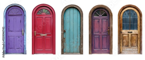 A collection of five colorful doors, including red, purple, and wooden designs, isolated on white.