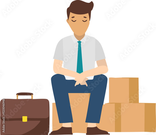 Flat Illustration of Unemployed Man Sitting in Despair