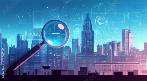 Wallpaper Mural Digital Illustration of Legal Tech Theme with Law, Justice, and Technology Icons Against Urban Skyline Torontodigital.ca