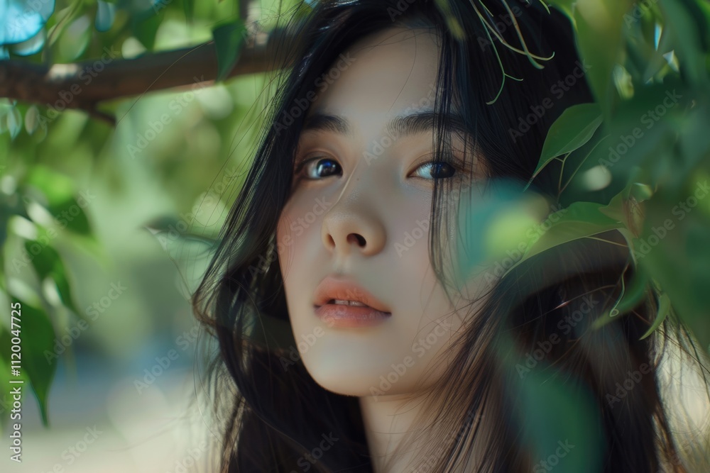Asian girl with long black hair in nature closeup. Asian girl with long black hair in nature closeup.
