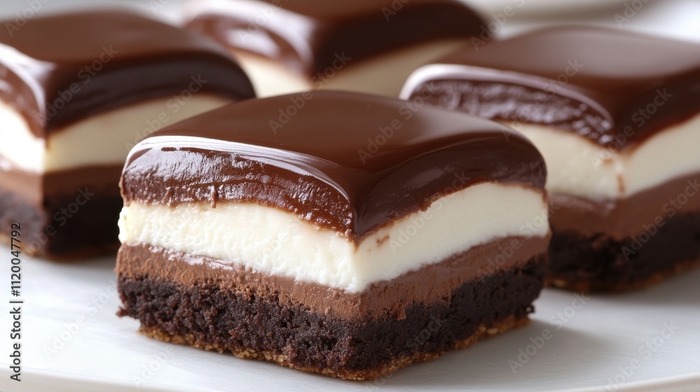 Close-up of decadent chocolate brownies with shiny icing, neutral tones highlighting their homemade charm