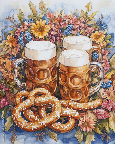 Whimsical watercolor Oktoberfest celebration with traditional Bavarian beer mugs, pretzels, and festive garlands in warm amber and blue tones, surrounded by cheerful crowds in traditional dirndls and  photo