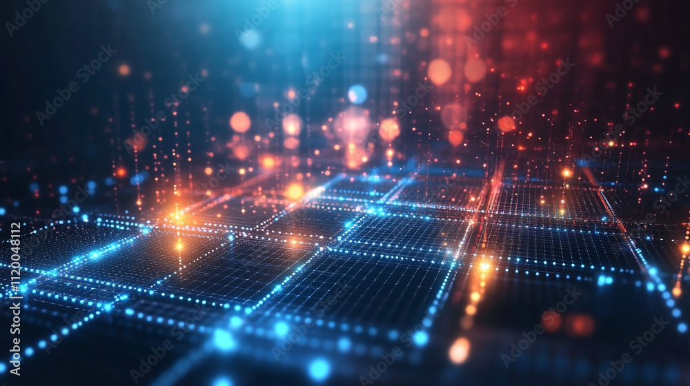 Fototapeta premium Red virtual abstract background space tunnel with neon line lights. Abstract blockchain, futuristic technology. distributed data storage.