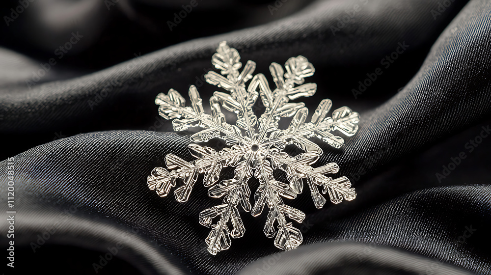 A snowflake is sitting on a black fabric A snowflake is sitting on a black fabric