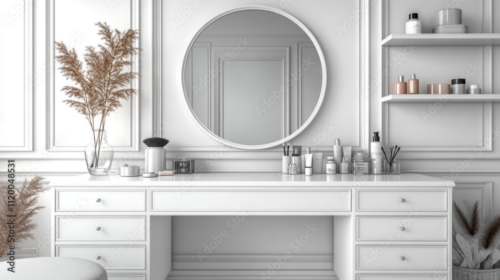 White vanity with mirror, pampas grass, and beauty products in a bright room. White vanity with mirror, pampas grass, and beauty products in a bright room.