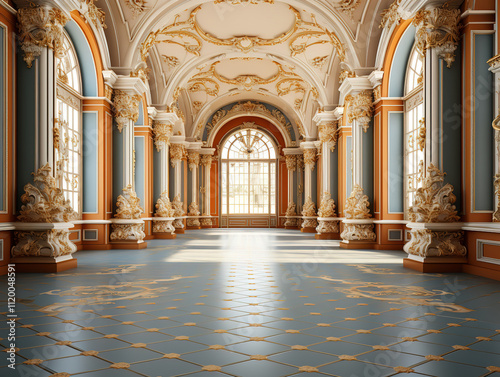 Baroque interior luxury hallway: Vintage wallpaper and patterned stucco in an antique mansion photo