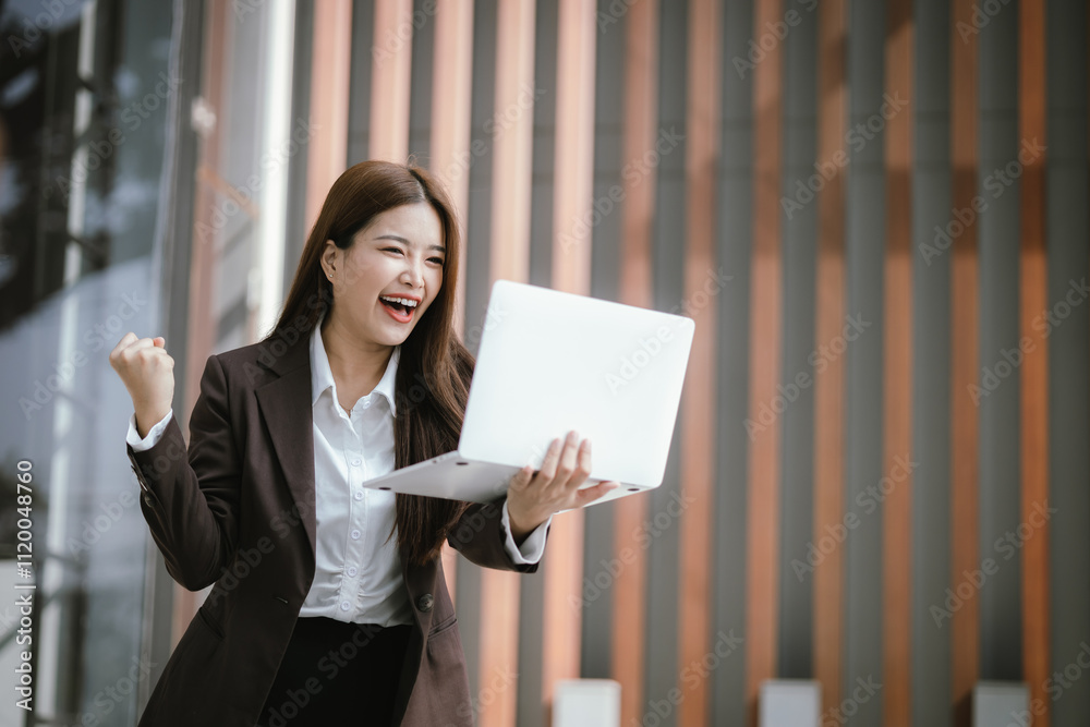 Businesswoman with laptop on business center background Businesswoman with laptop on business center background