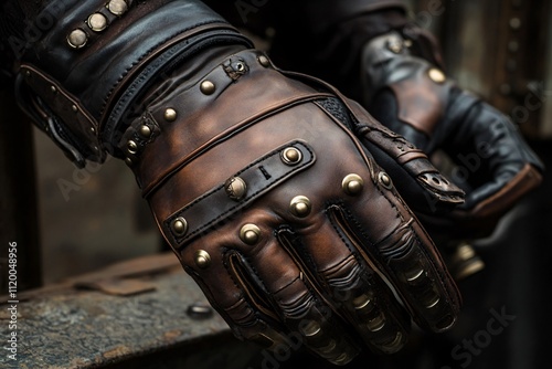 Close up of steampunk style leather gloves, showcasing intricate details and craftsmanship in a post apocalyptic atmosphere photo