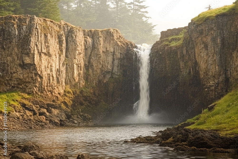 Naklejka premium Waterfall cascading from rocky cliffs into a tranquil pond, surrounded by lush nature
