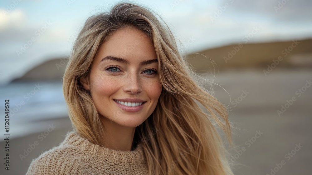 Beautiful blonde woman smiling on beach at sunset Beautiful blonde woman smiling on beach at sunset