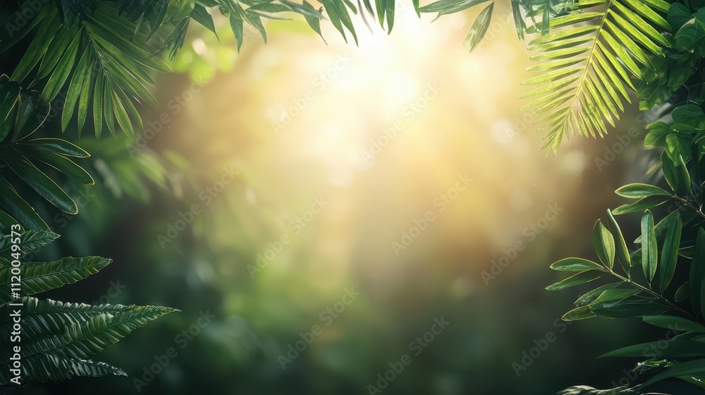 Tropical plants glowing in golden light, their transpiration enhancing the humid environment Tropical plants glowing in golden light, their transpiration enhancing the humid environment