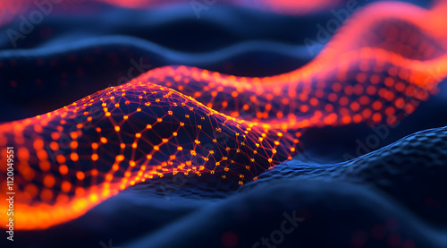 A vibrant, abstract representation of flowing waves, illuminated with orange and blue lights, showcasing a digital landscape of interconnected particles.