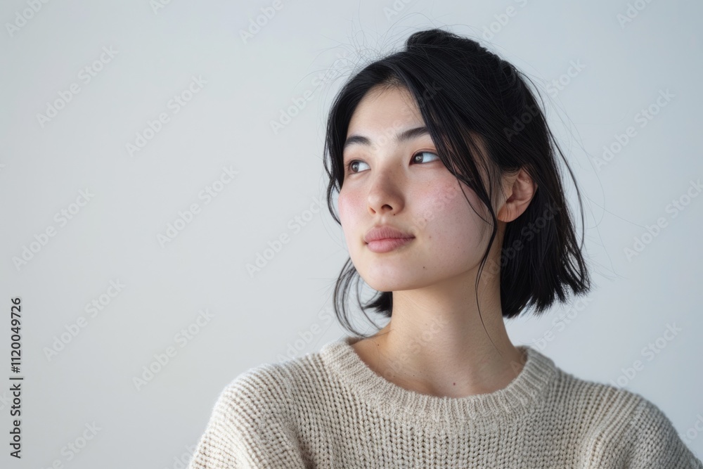 Asian woman in sweater looks away at advertisement. Asian woman in sweater looks away at advertisement.