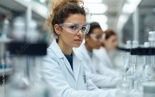 A focused scientist working in a laboratory with glassware and equipment.