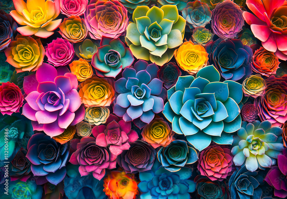 Vibrant and colorful succulent arrangement showcasing a variety of rosette-shaped plants in bold, saturated hues. Vibrant and colorful succulent arrangement showcasing a variety of rosette-shaped plants in bold, saturated hues.